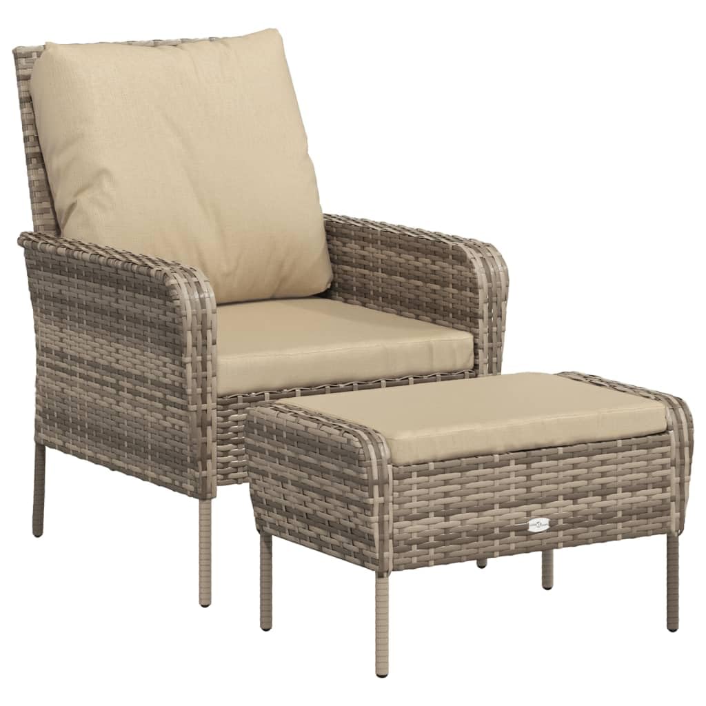 vidaXL Patio Lounge Chair with Footstool - Weather- Light Brown Poly Rattan, Steel Frame, Comfortable Outdoor Seating with Cushi