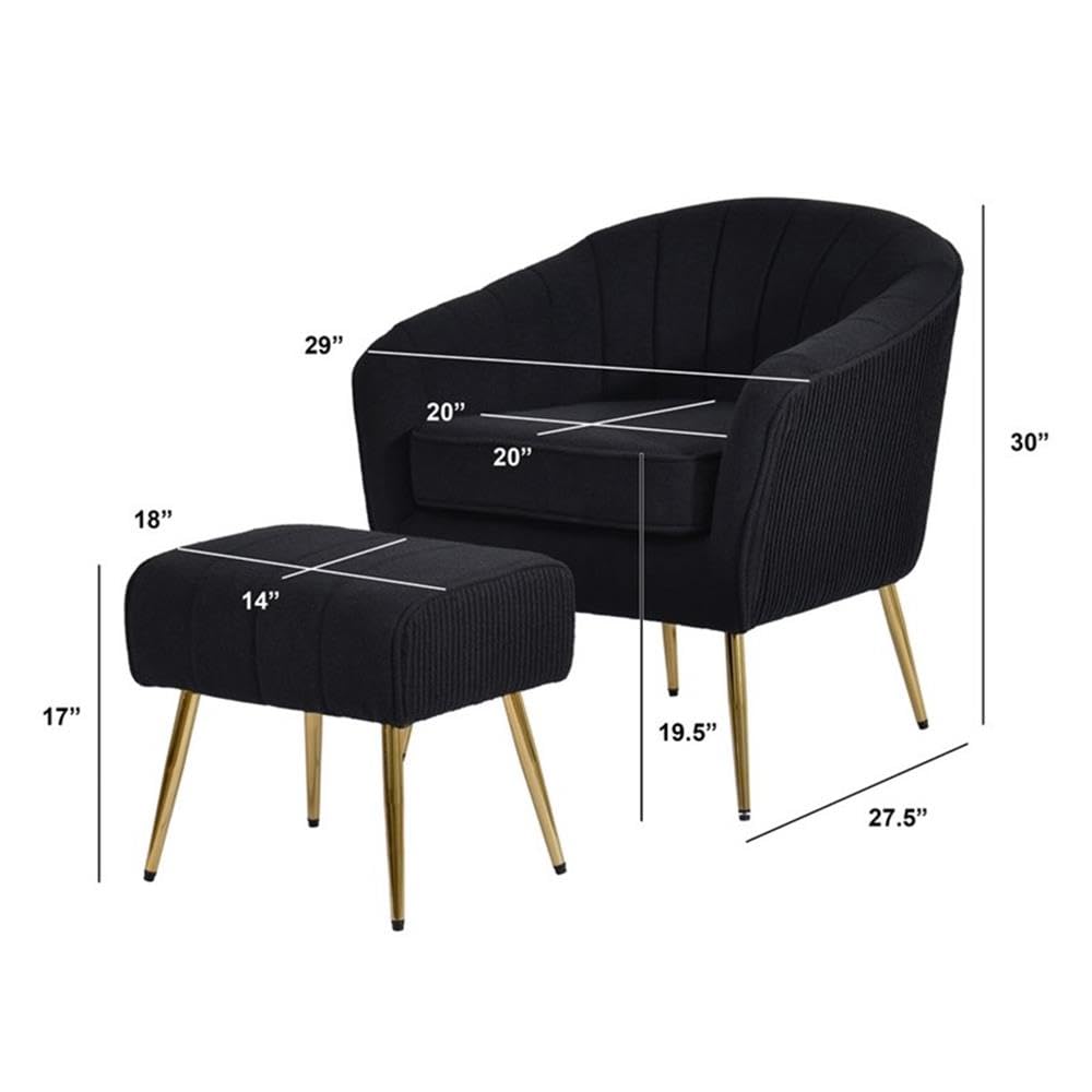 Best Quality Furniture Modern Accent Chair with Ottoman Set, Black Teddy Fabric Upholstery, Gold Chrome Legs, Channel Tufted Backrest