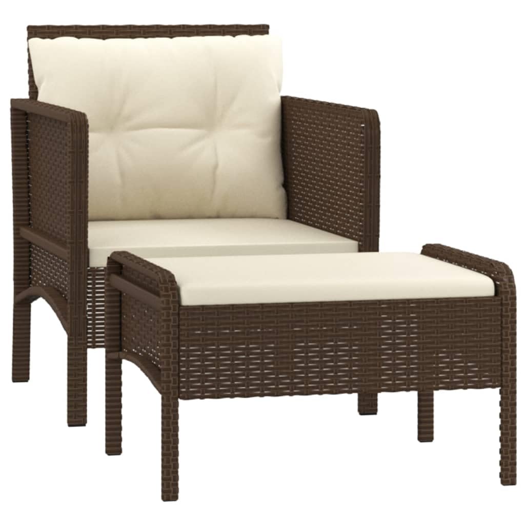 vidaXL Patio Lounge Set with Cushions, Brown Poly Rattan and Powder-Coated Steel, Includes 1 Chair and 1 Stool, Outdoor Garden Furniture