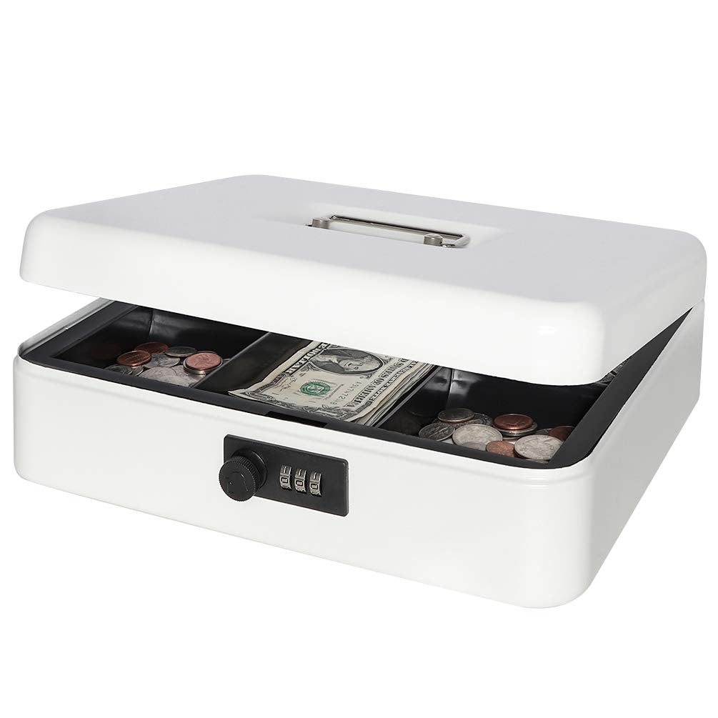 Safe Metal Cash Box With Combination Lock, Decaller Large Lock Storage Money Box With Money Tray, White, 11 4/5' X 9 2/5' X 3