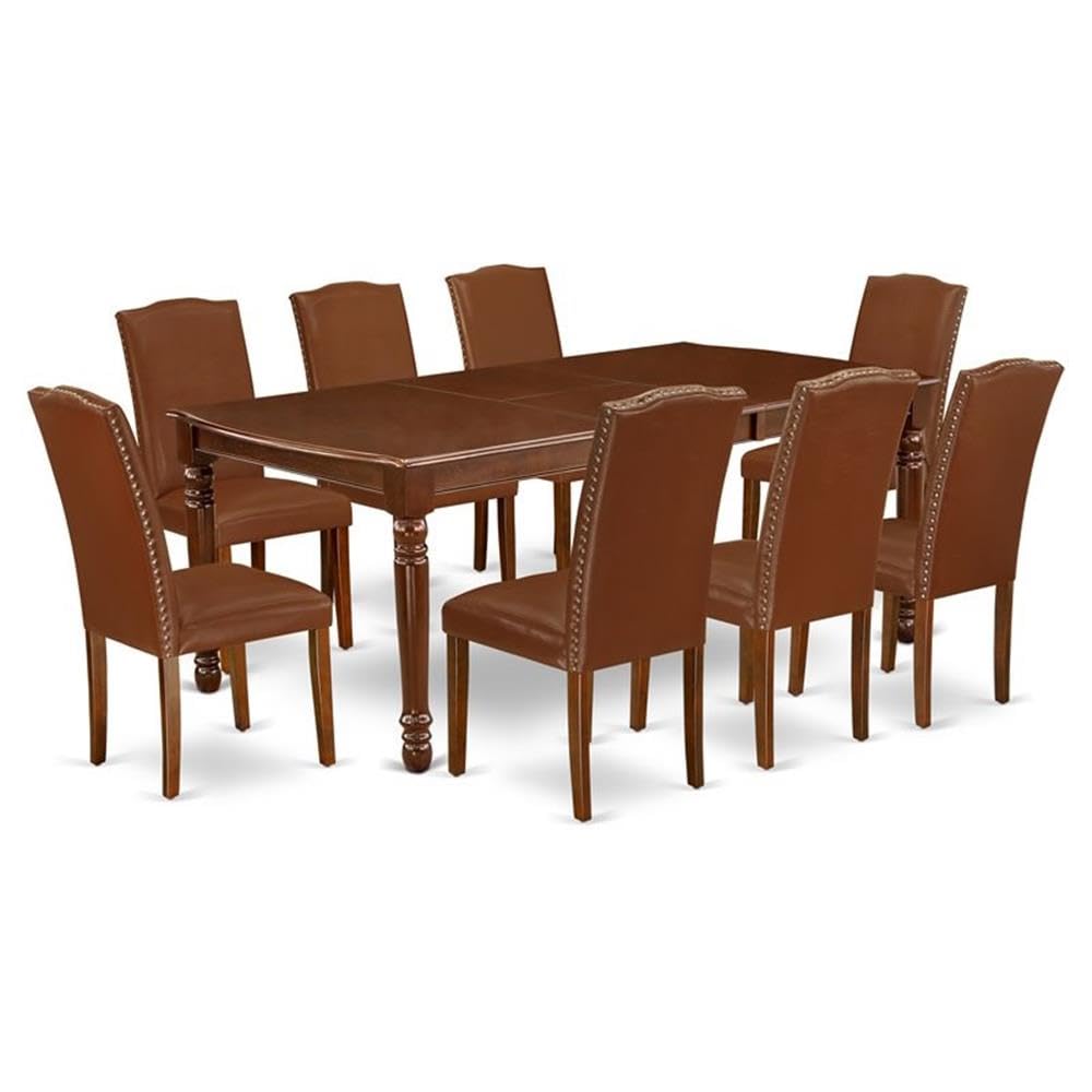 East West Furniture Doen9-Mah-66 9 Piece Kitchen Table Set Includes A Rectangle Dining Table With Butterfly Leaf And 8 Brown Faux Faux Leather Parson Chairs, 42X78 Inch, Mahogany