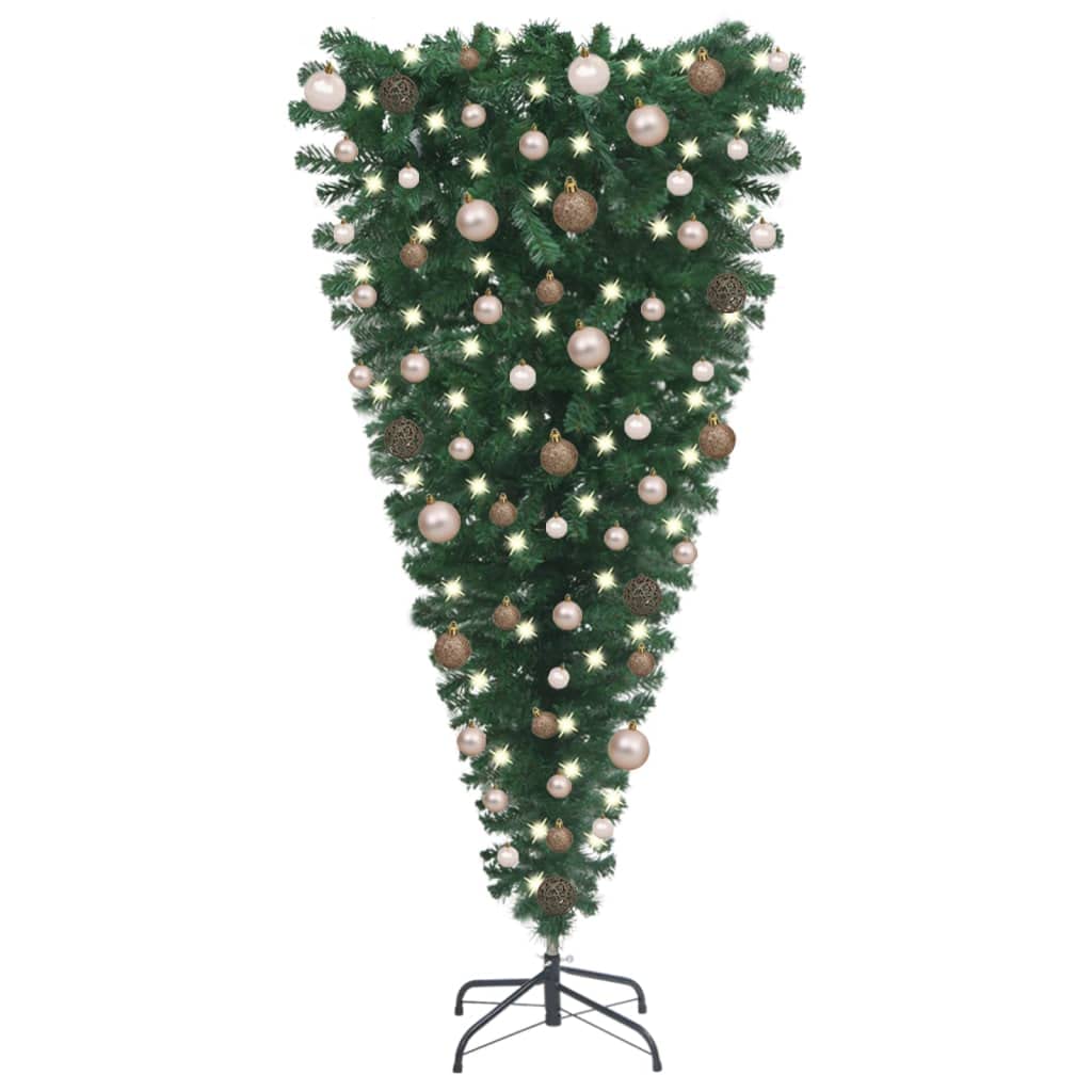 Vidaxl 59.1&quot; Upside-Down Artificial Christmas Tree With 150 Led Lights - Energy-Efficient, Adjustable Branches, Durable Steel Stand - Includes Peak & Rose Gold Balls