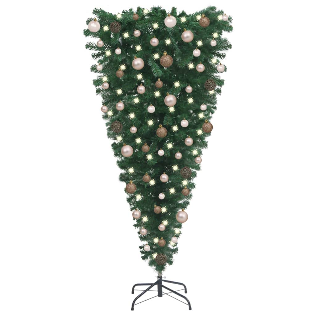 Vidaxl Upside-Down Artificial Christmas Tree - Pre-Lit, Green, 47.2&quot; With Led Lights, Rose Gold Balls