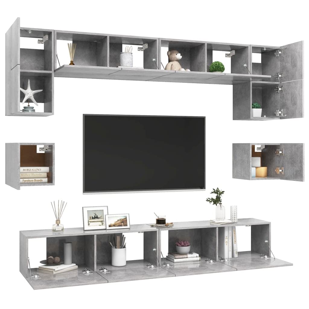 vidaXL TV Cabinet Set 8 Piece Home Indoor Hanging Wall-Mounted Stereo Plasma HiFi Cabinet TV Stand Unit Furniture Concrete Gray Engineered Wood