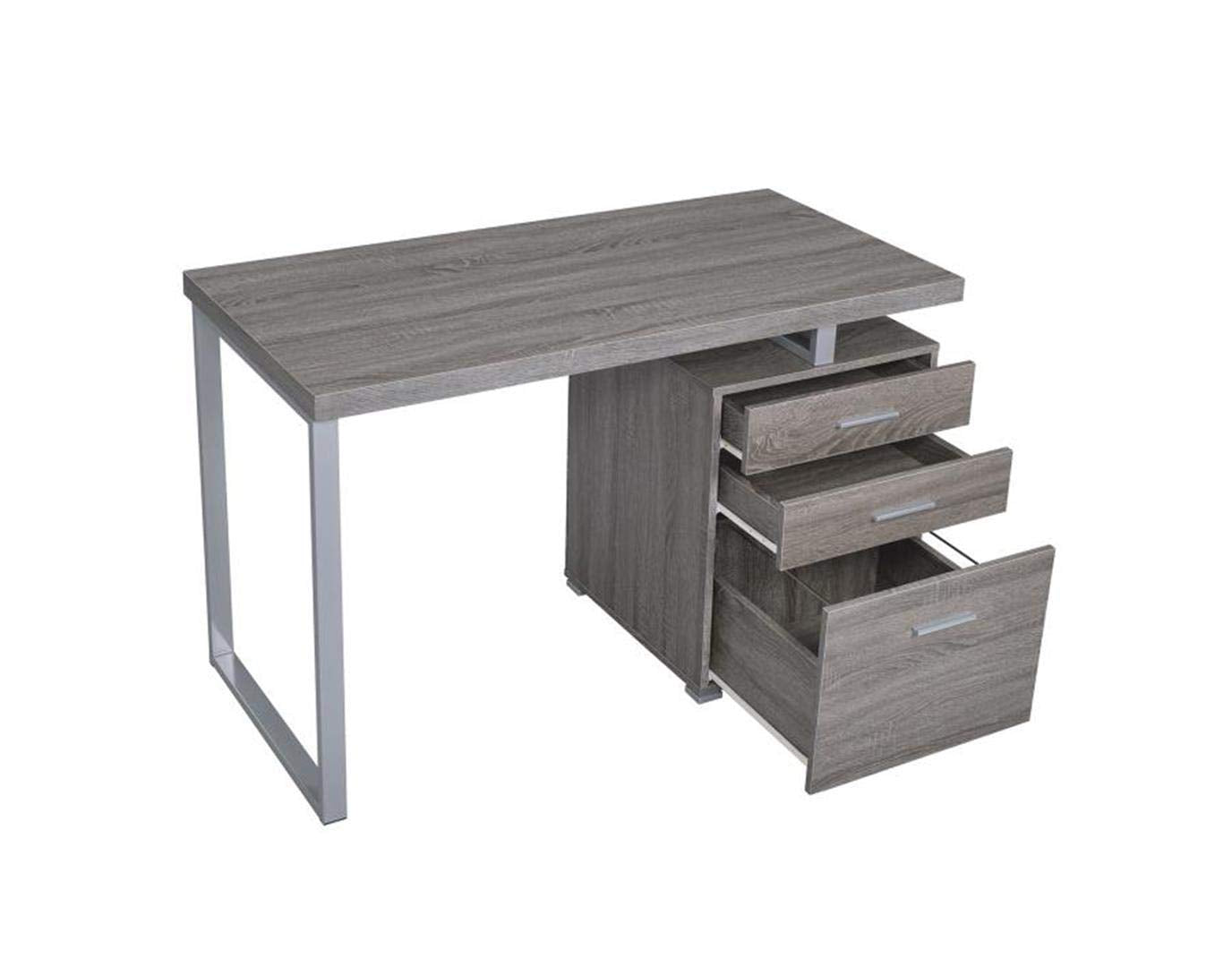 Coaster Home Furnishings Brennan Modern Contemporary Home Office 3-Drawer Writing Desk with Drawers Computer Desk Study Table File Cabinet Storage Silver Metal Frame Weathered Grey 800520