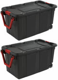 Set of 2 Black 40 Gallon Industrial Tote Plastic Bins with Wheels - Convenient Storage Solution