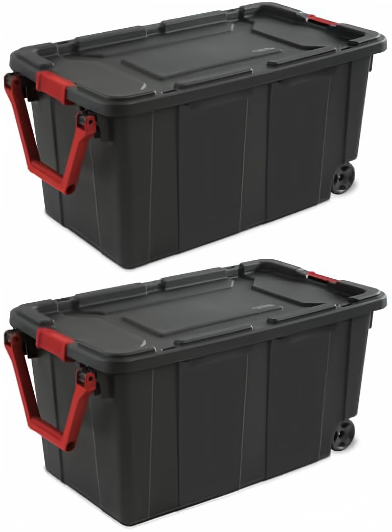 Set of 2 Black 40 Gallon Industrial Tote Plastic Bins with Wheels - Convenient Storage Solution