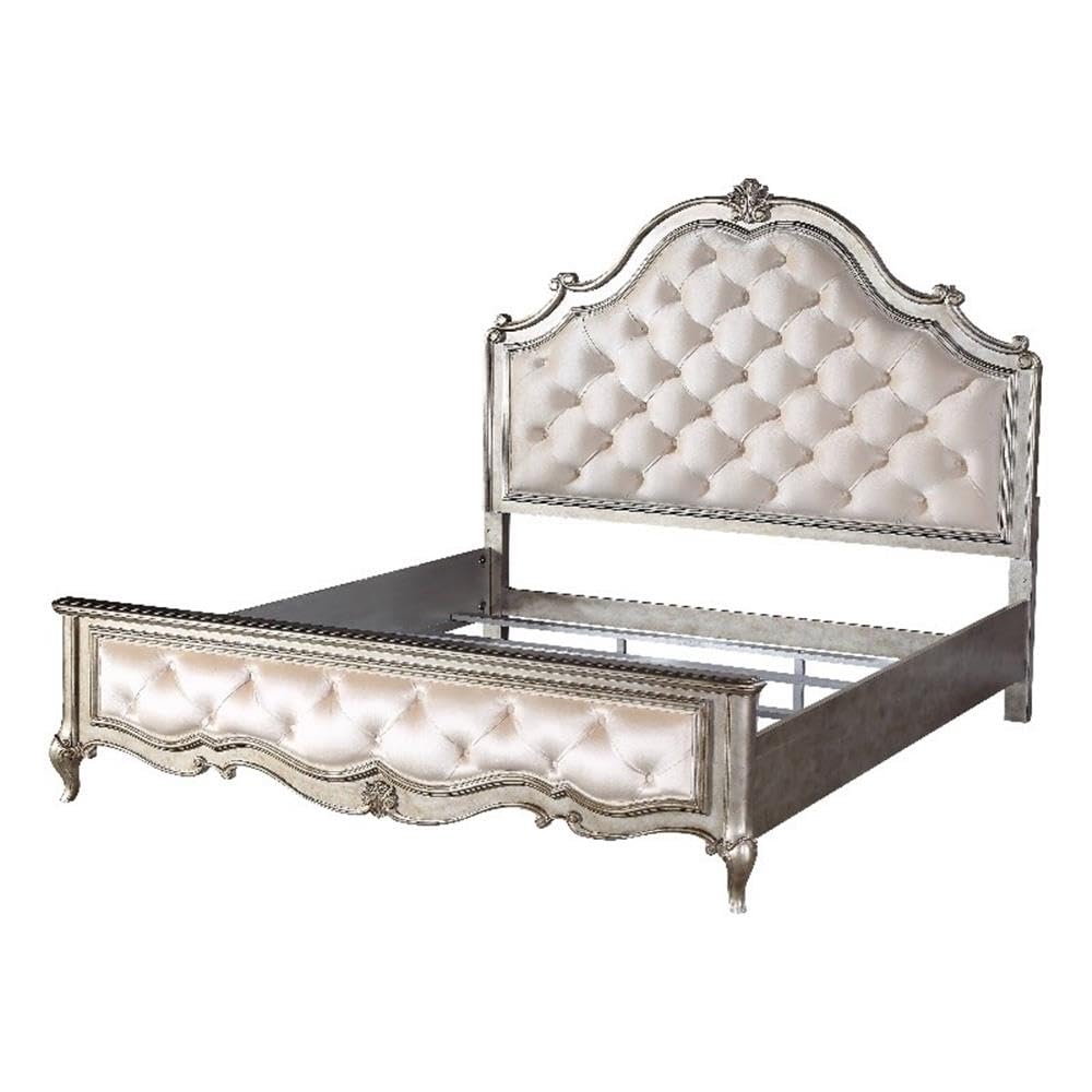 Acme Esteban Eastern King Tufted Panel Bed in Silver Velvet