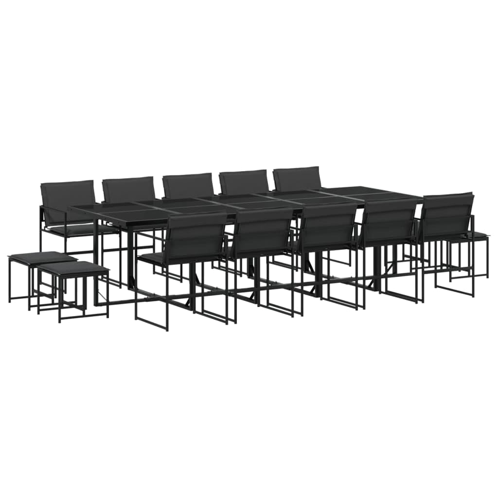 vidaXL 15 Piece Patio Dining Set - Outdoor/Garden Furniture, Black Textilene with Cushions, Powder-Coated Steel Frame, Tempered Glass Table, Compact Storage