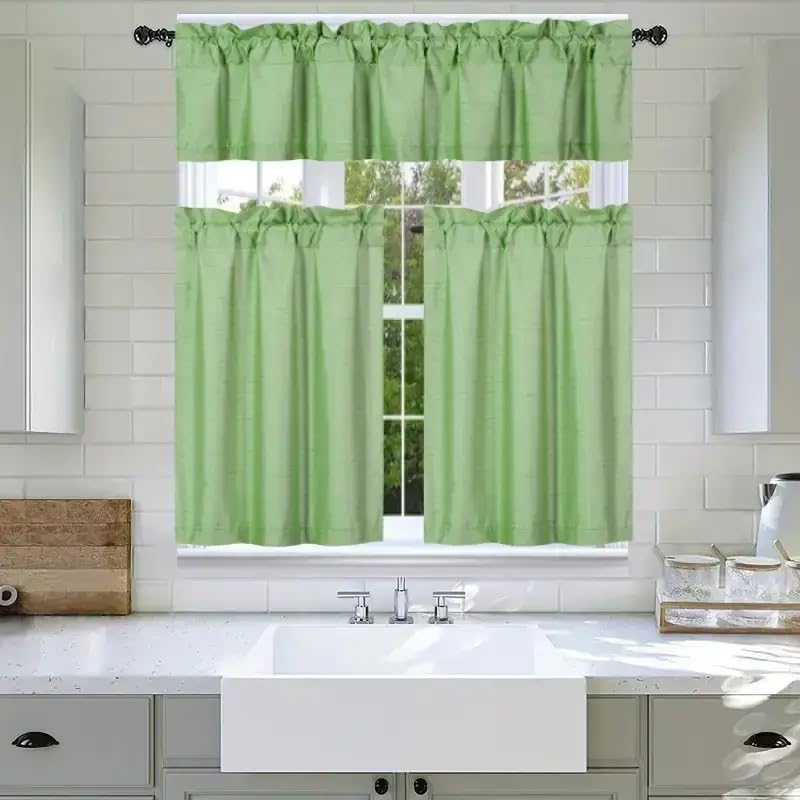 3Pc Set Solid Faux Silk Lined Blackout Rod Pocket Small Kitchen Window Curtain With Valance (K3) (Lime Green)