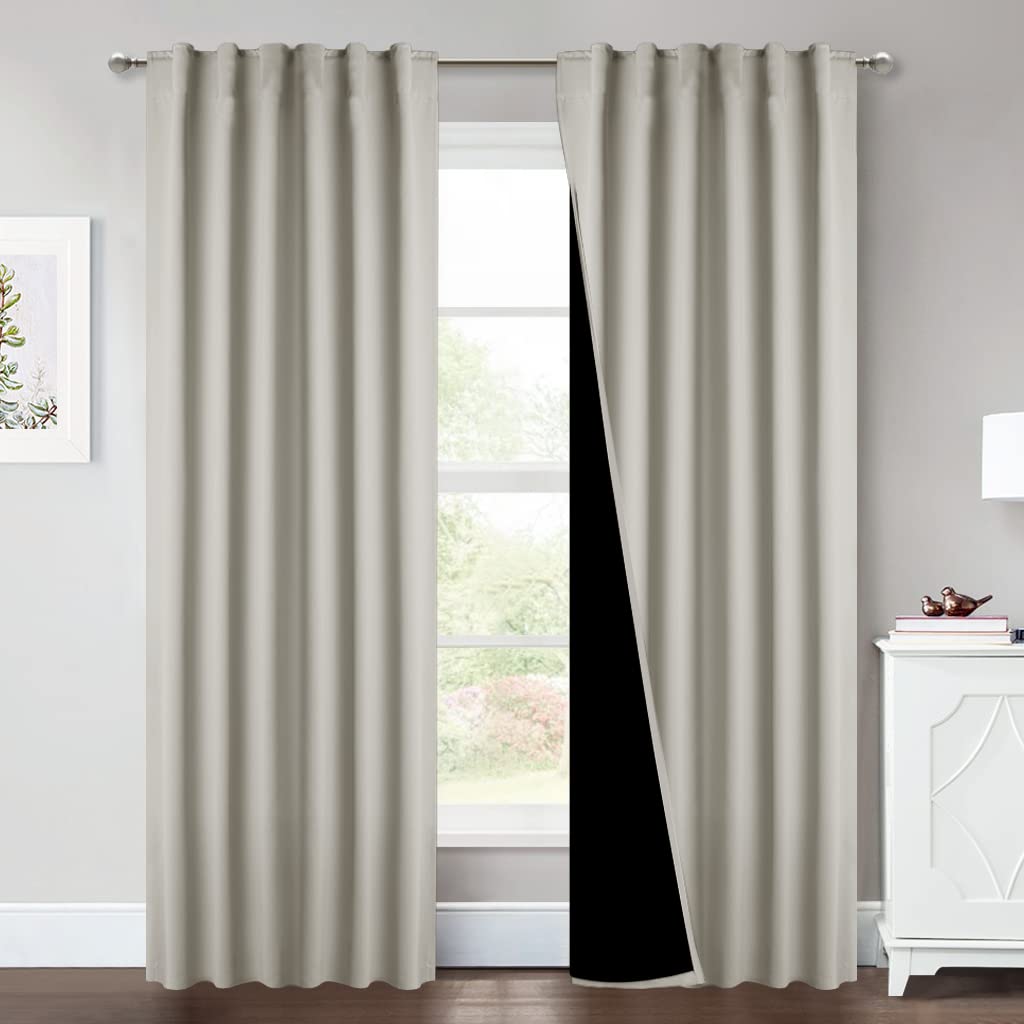 Nicetown Natural Living Room Completely Shaded Draperies, Privacy Protection & Noise Reducing Drapes For Laundry, Black Lined In