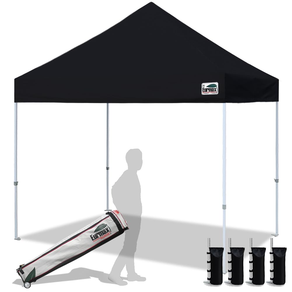 Eurmax Usa 8'X8' Pop Up Canopy Tent Commercial Instant Canopies With Heavy Duty Roller Bag,Bonus 4 Sand Weights Bags (Black)
