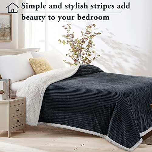 Lbro2M Striped Sherpa Fleece Bed Blanket Queen Size, Super Soft Fuzzy Plush Warm Cozy Fluffy Microfiber Couch Throw Velvet Double Reversible Luxurious Blankets (90X90), Dark Grey