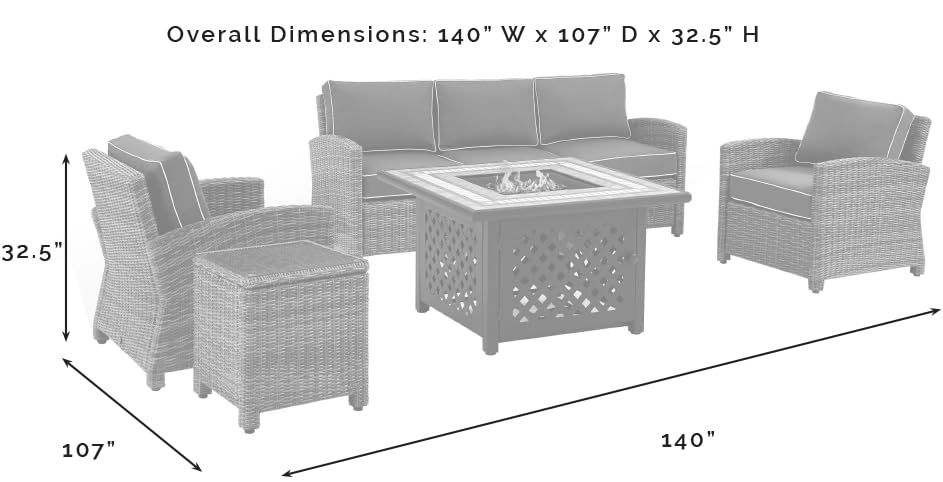 Crosley Furniture Bradenton 5-Piece Wicker Outdoor Sofa Patio Furniture Set with Propane Gas Fire Pit Table, Brown with Sangria Cushions