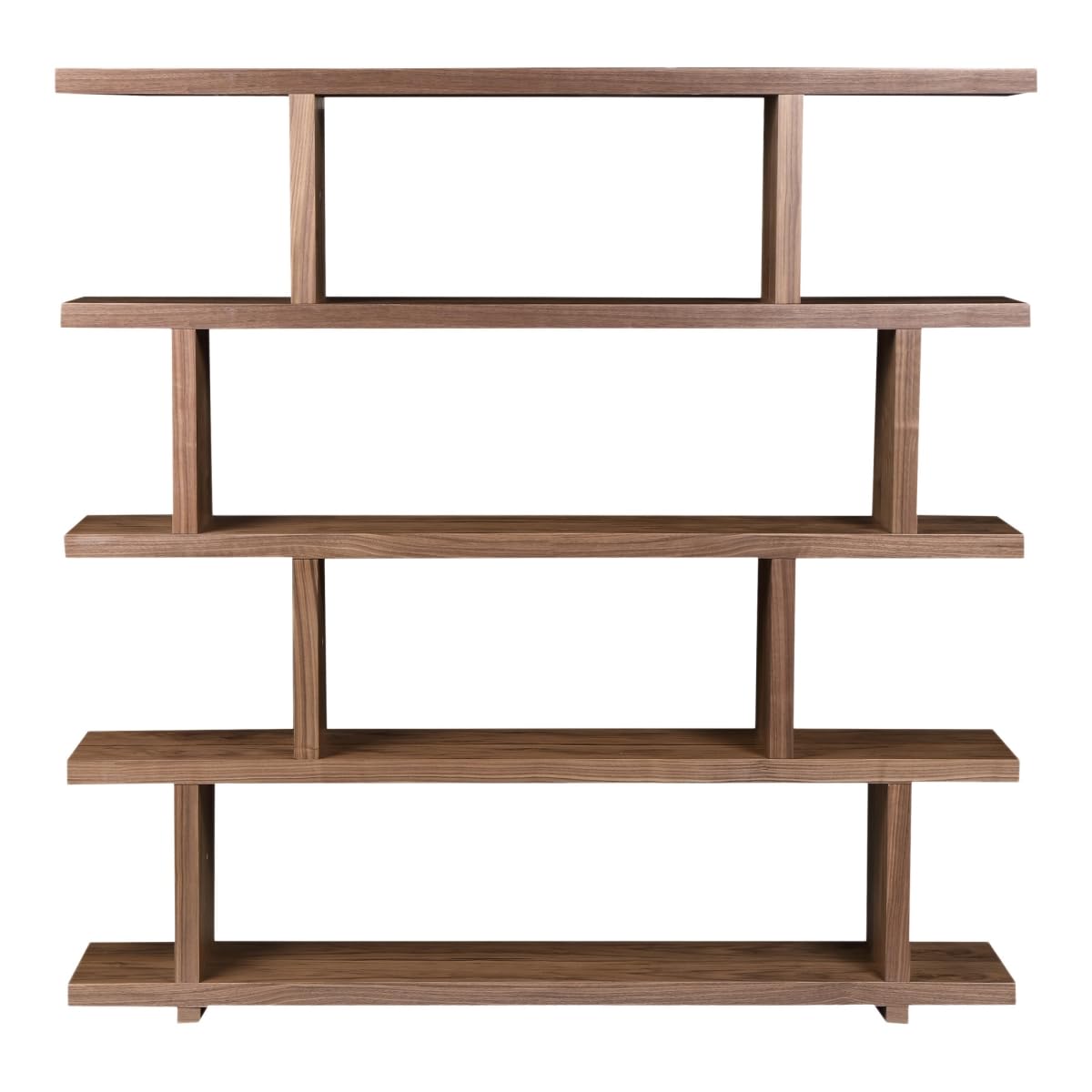 HomeRoots 517718 63 x 63 x 11 in. Walnut Wood Five Tier Asymmetrical Open Bookcase