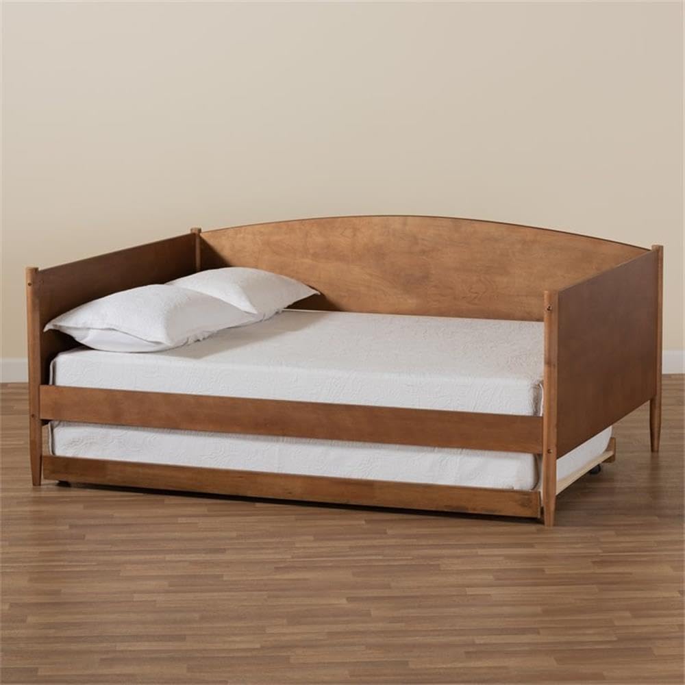 Baxton Studio Veles Mid-Century Modern Ash Walnut Finished Wood Full Size Daybed with Trundle