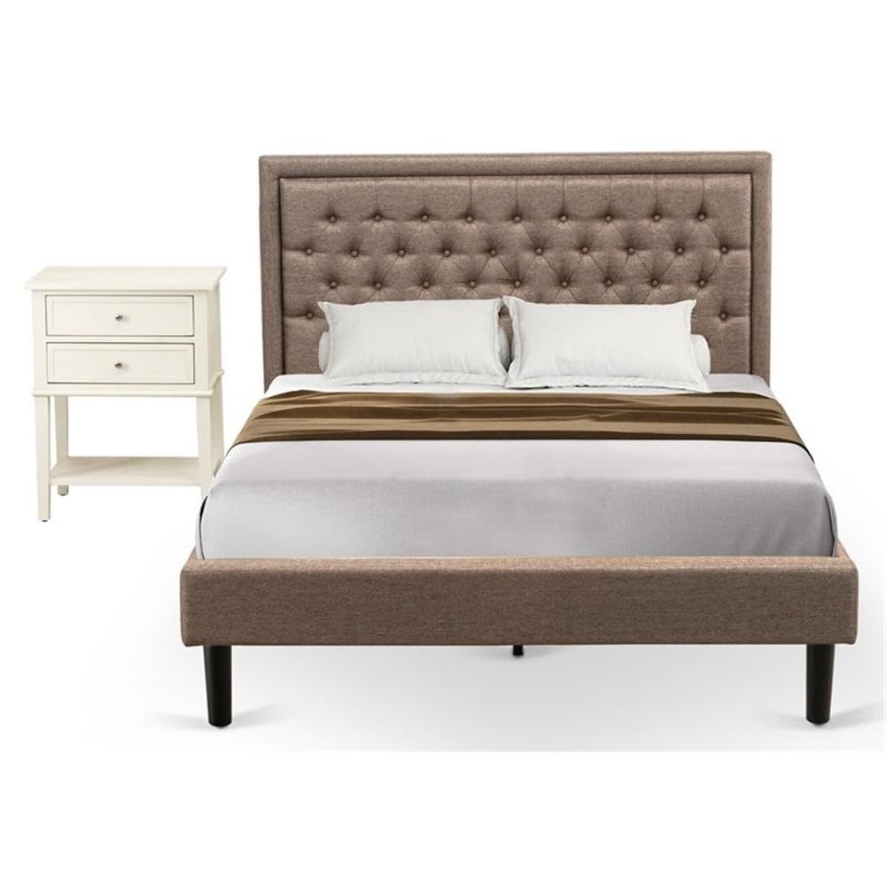 East West Furniture KD16Q-1VL0C 2 Piece Queen Bedroom Set - 1 Queen Bed Dark Khaki Linen Fabric Padded and Button Tufted Headboard with 1 Nightstand - Wire Brushed Butter Cream Finish Nightstand