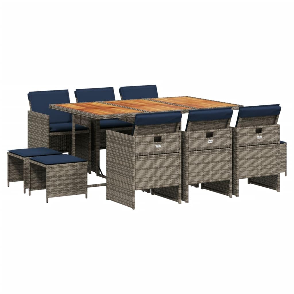 vidaXL 11 Piece Patio Dining Set with Cushions - Gray PE Rattan, Acacia Wood Tabletop, Foldable Chairs, and Stools - Ideal for Outdoor, Garden, and Patio