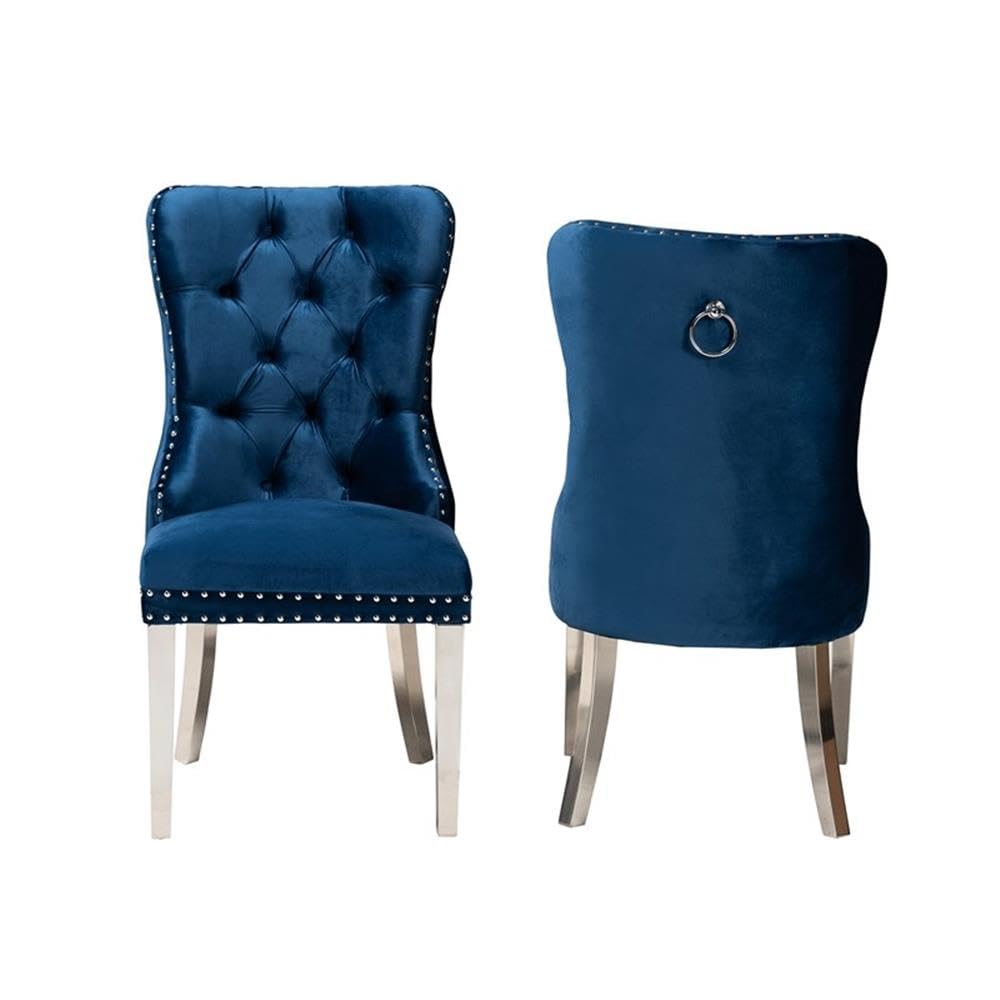 Baxton Studio Honora Contemporary Glam and Luxe Navy Blue Velvet Fabric and Silver Metal 2-Piece Dining Chair Set