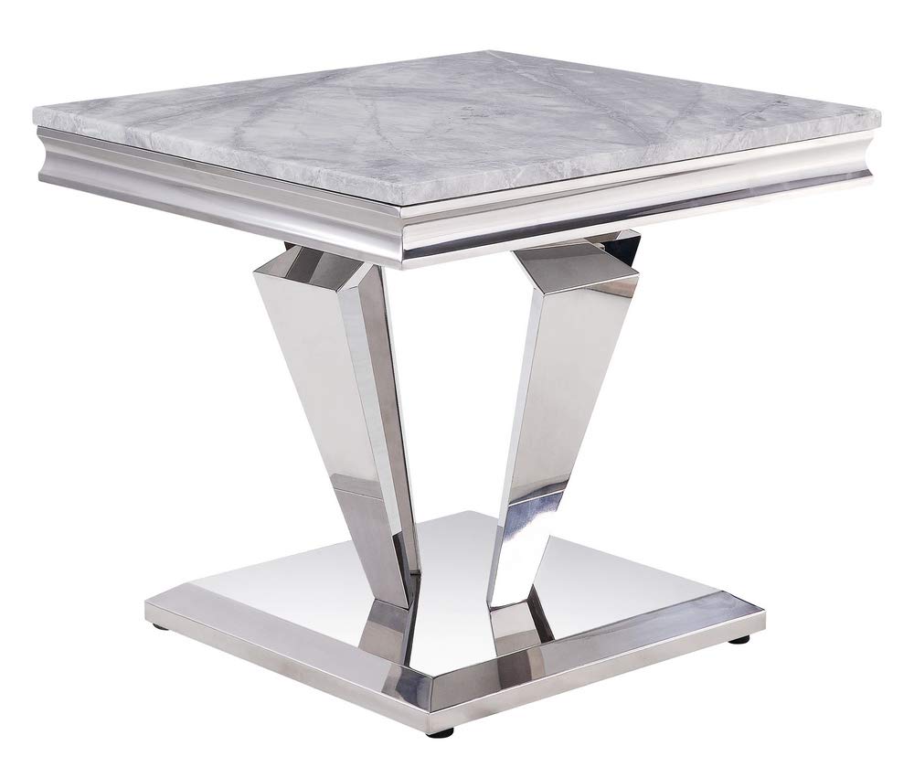 Satinka End Table in Light Gray Printed Faux Marble & Mirrored Silver Finish