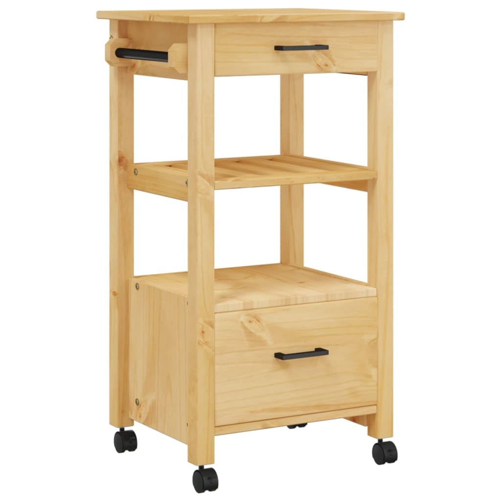 vidaXL Solid Pine Wood Kitchen Trolley - Rolling Cart with Drawers, Shelves, Hooks, Brown Honey Wax Finish, 18.9x15.7x35.4 in, Versatile Use