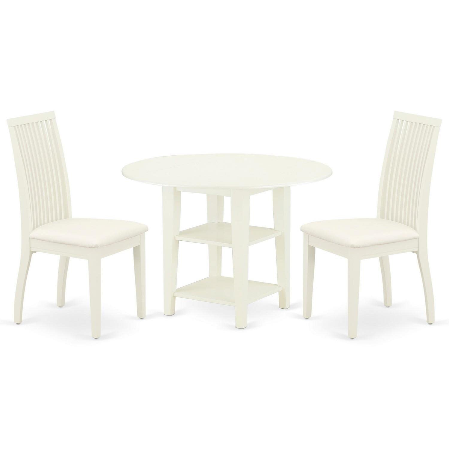 East West Furniture SUIP3-BMK-W 3 Piece Kitchen Table & Chairs Set Contains a Round Dining Room Table with Dropleaf & Shelves and 2 Dining Chairs, 42x42 Inch, Buttermilk & Cherry
