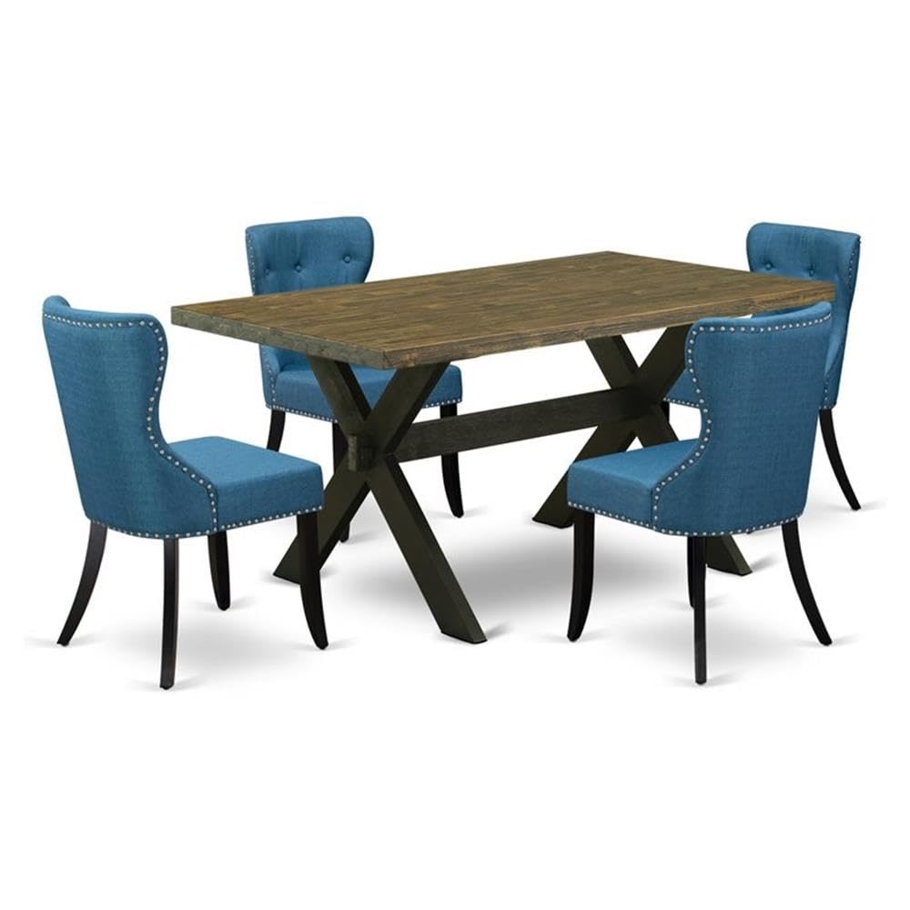 East West Furniture X676Si121-5 5 Piece Dining Room Furniture Set Includes A Rectangle Dining Table With X-Legs And 4 Blue Linen Fabric Upholstered Chairs, 36X60 Inch, Multi-Color