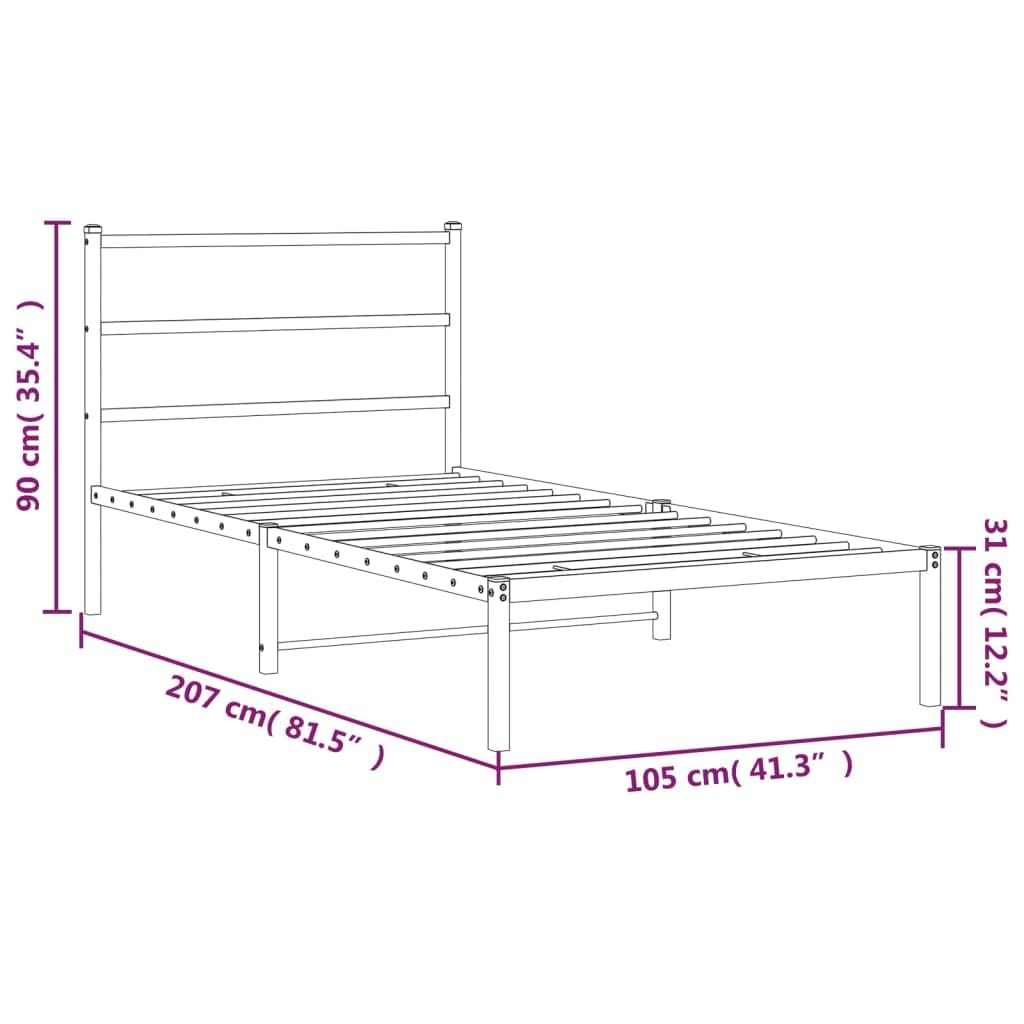 vidaXL Elegant White Single Bed Frame with Headboard - Steel Metal Construction, Underbed Storage, Metal Slats - 39.4"x78.7"