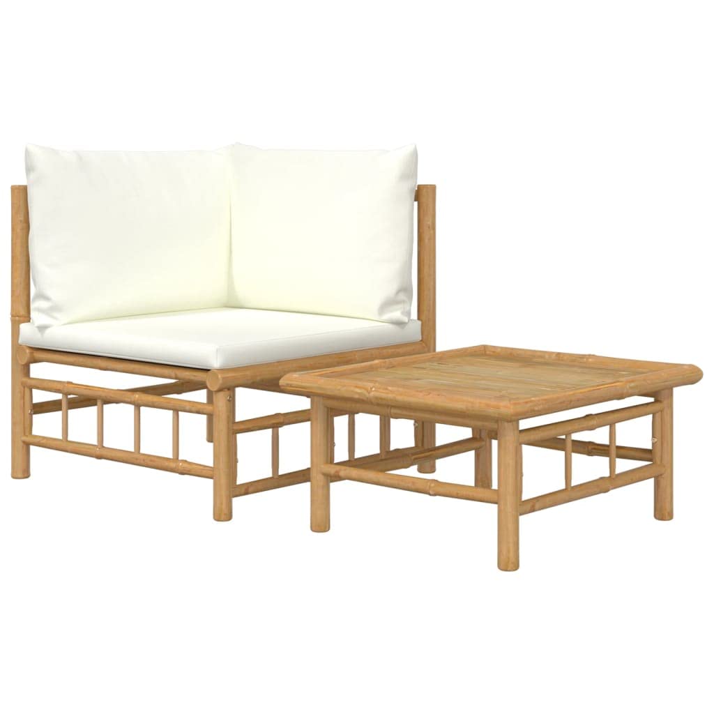 vidaXL 2-Piece Bamboo Patio Lounge Set with Cream White Cushions - Sturdy Outdoor Furniture with Modular Design and Comfortable Seating Experience