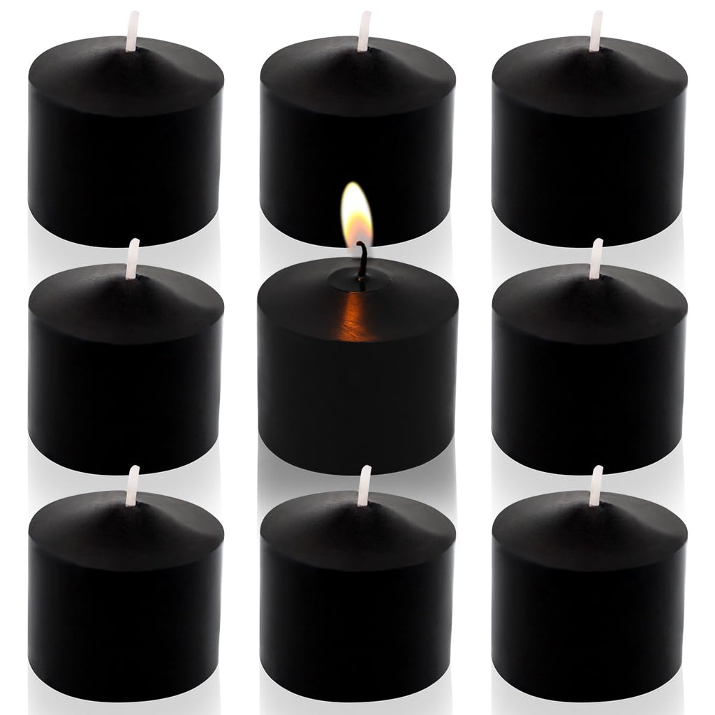 Black Votive Candles, 9 Packs Unscented Small Votives for Halloween, Wedding, Holiday Party, Home (8 Hour), 1.5' D x 1.25' H