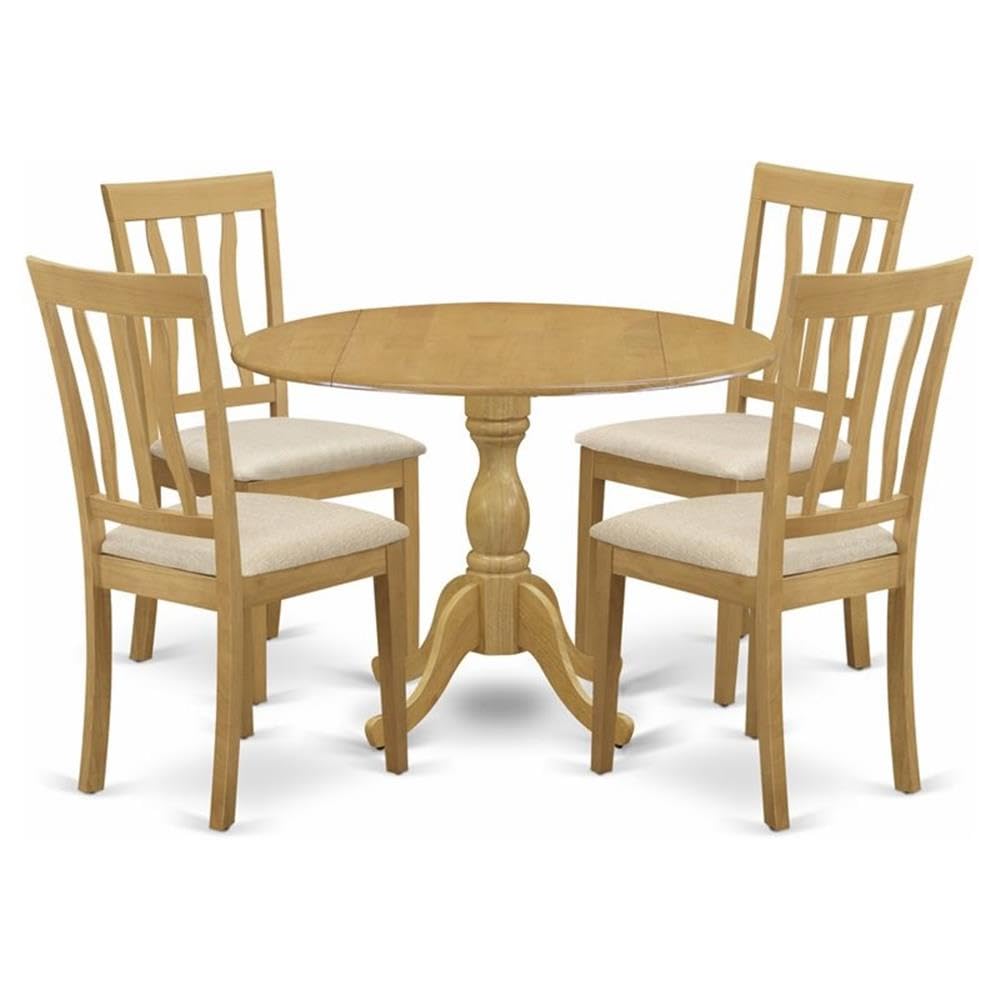 East West Furniture DMAN5-OAK-C 5 Piece Dinette Set for 4 Includes a Round Dining Table with Dropleaf and 4 Linen Fabric Dining Room Chairs, 42x42 Inch, Oak