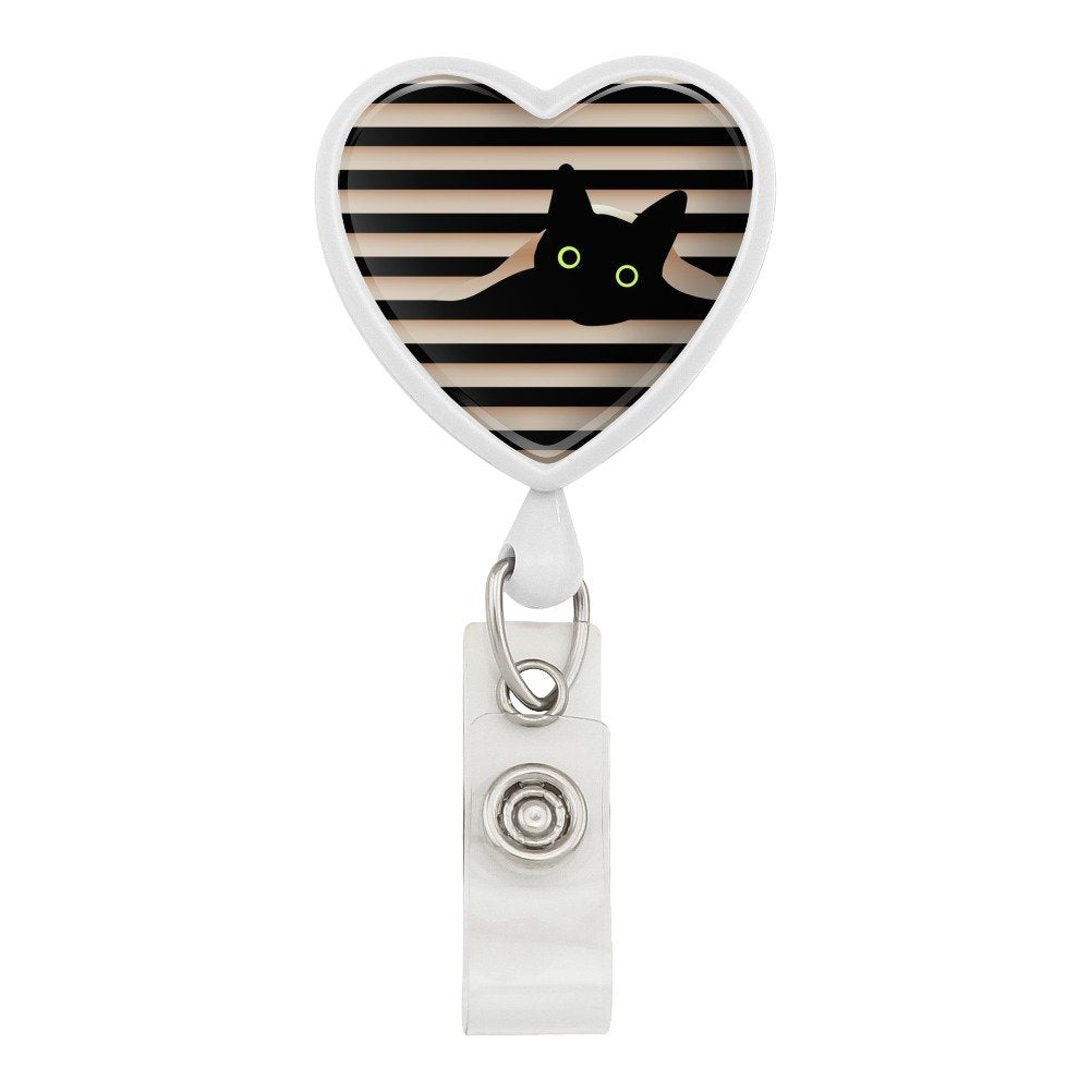 Black Cat In Window Heart Lanyard Retractable Reel Badge Id Card Holder - White