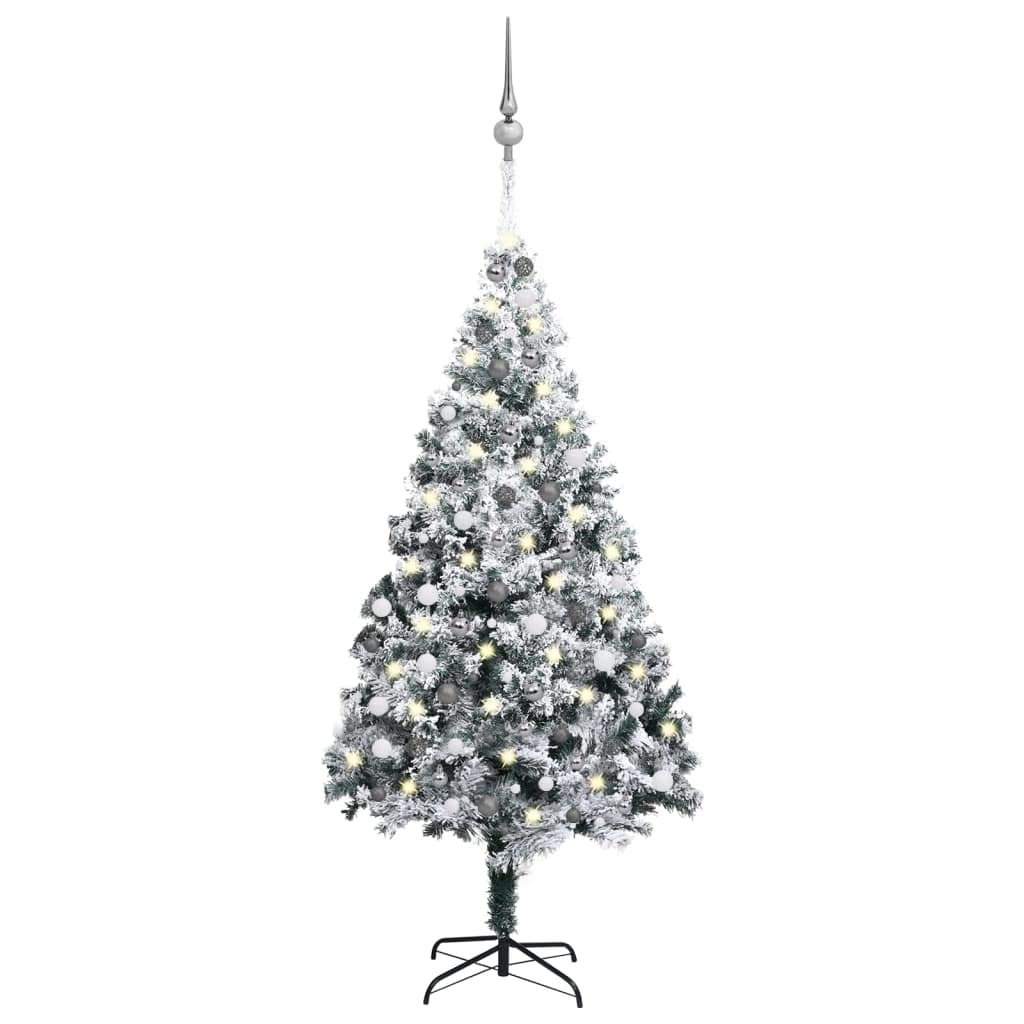 vidaXL 94.5&quot; Lifelike PVC Artificial Christmas Tree - Extra Thick Branches with Snow Flocking - Includes LED Lights and Decorative Ball Set - Green, White, Grey