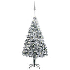 vidaXL 94.5" Lifelike PVC Artificial Christmas Tree - Extra Thick Branches with Snow Flocking - Includes LED Lights and Decorative Ball Set - Green, White, Grey