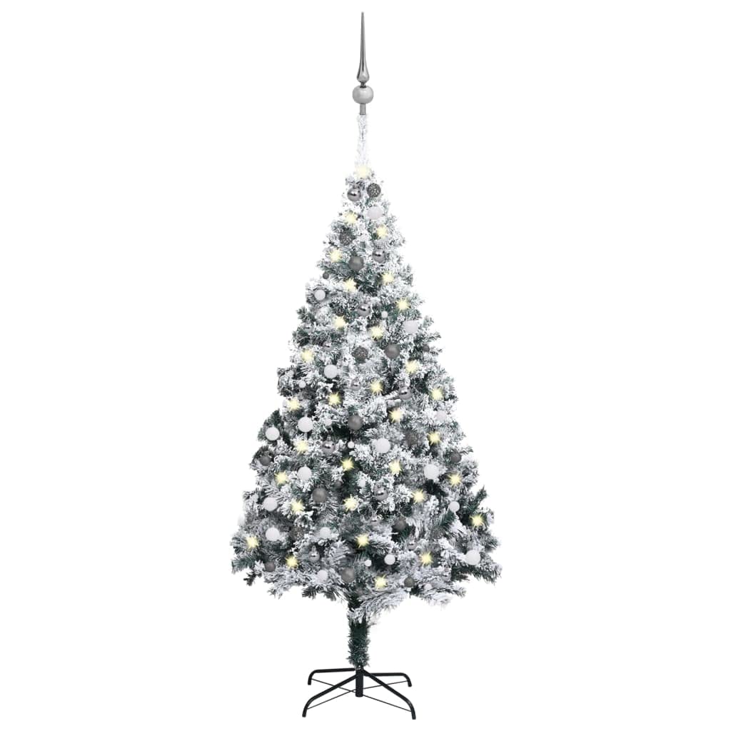 vidaXL 94.5" Lifelike PVC Artificial Christmas Tree - Extra Thick Branches with Snow Flocking - Includes LED Lights and Decorative Ball Set - Green, White, Grey