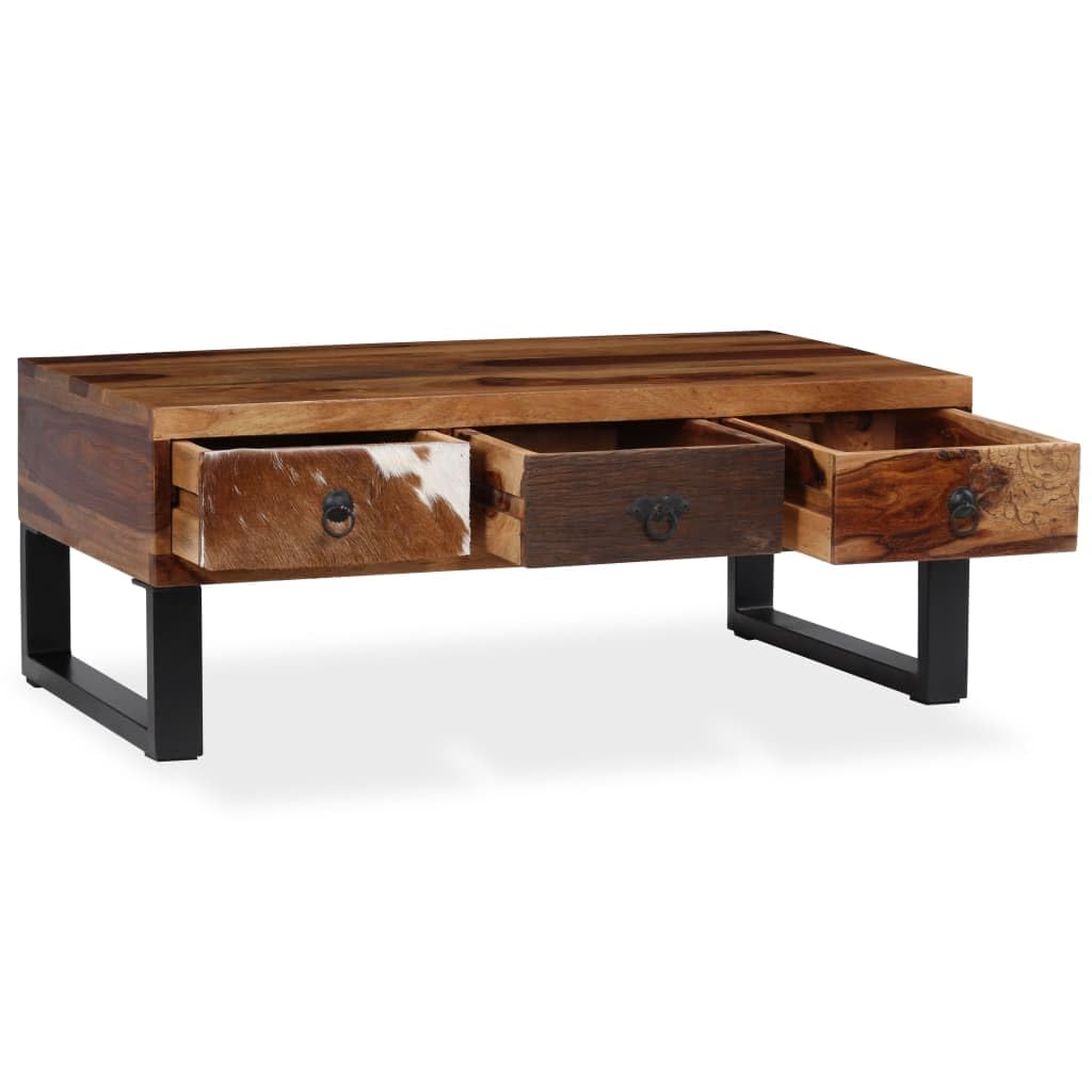 vidaXL Solid Sheesham Wood Coffee Table with Steel Legs and Genuine Cowhide Detail- Hand Carved, Honey-Finished Home Furniture with Storage Drawers 35.4&quot;x19.7&quot;x13.8&quot;
