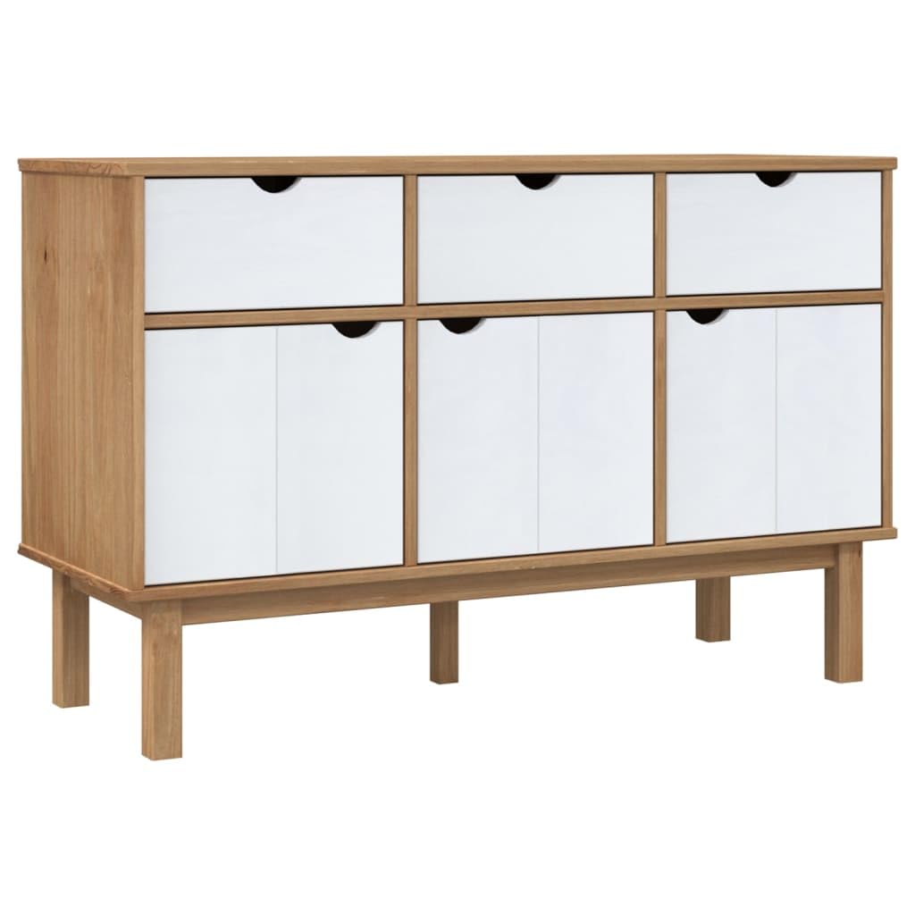 vidaXL Scandinavian Style Solid Pinewood OTTA Sideboard in Brown and White, Ample Storage Space with 3 Drawers and 3 Door Compartments, 44.9&quot;x16.9&quot;x28.9&quot;