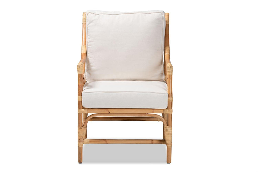 Baxton Studio Brandon Modern Bohemian White Fabric Upholstered and Natural Brown Rattan Armchair