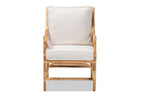 Baxton Studio Brandon Modern Bohemian White Fabric Upholstered and Natural Brown Rattan Armchair