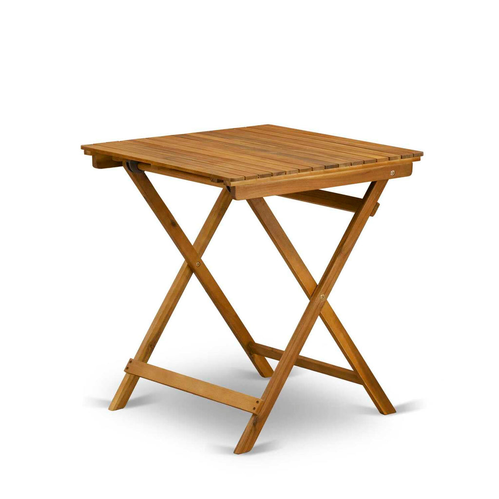 East West Furniture Selma 3 Piece Patio Bistro Set Contains a Square Outdoor Acacia Wood Coffee Table and 2 Folding Arm Chairs, 26x26 Inch, Natural Oil