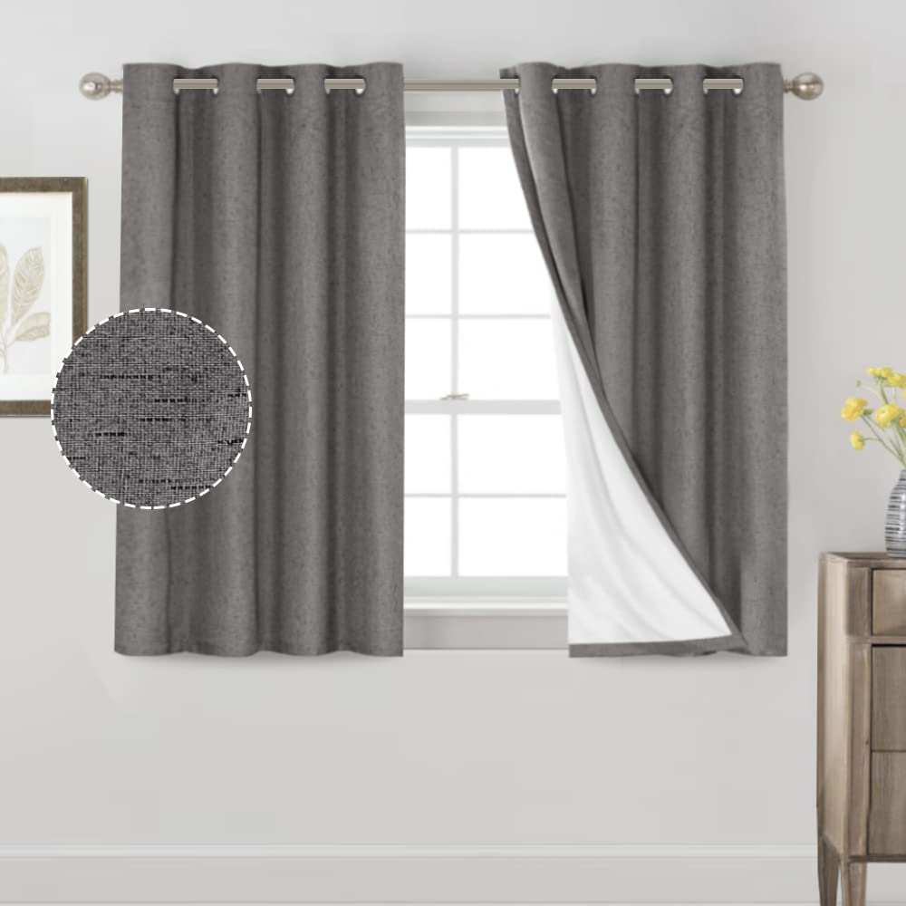 Princedeco Primitive Textured Linen 100% Blackout Curtains For Bedroom/Living Room Energy Saving Window Treatment Curtain Drapes, Burlap Fabric With White Thermal Insulated Liner (52 X 54 Inch, Grey)