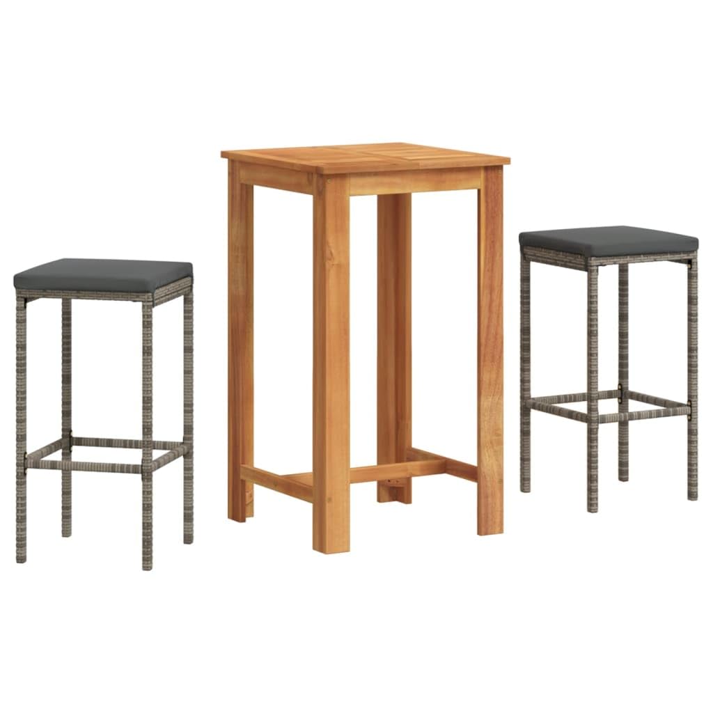 vidaXL 3-Piece Patio Bar Set with Poly Rattan Stools and Solid Acacia Wood Table - Weather-Resistant Outdoor Furniture for Garden, Deck, Gray