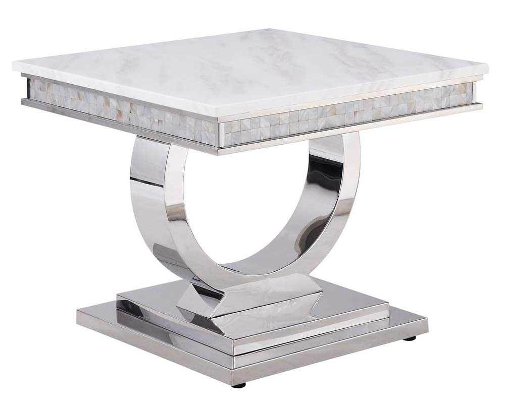 Acme Furniture Zander End Table in White Printed Faux Marble & Mirrored Silver Finish