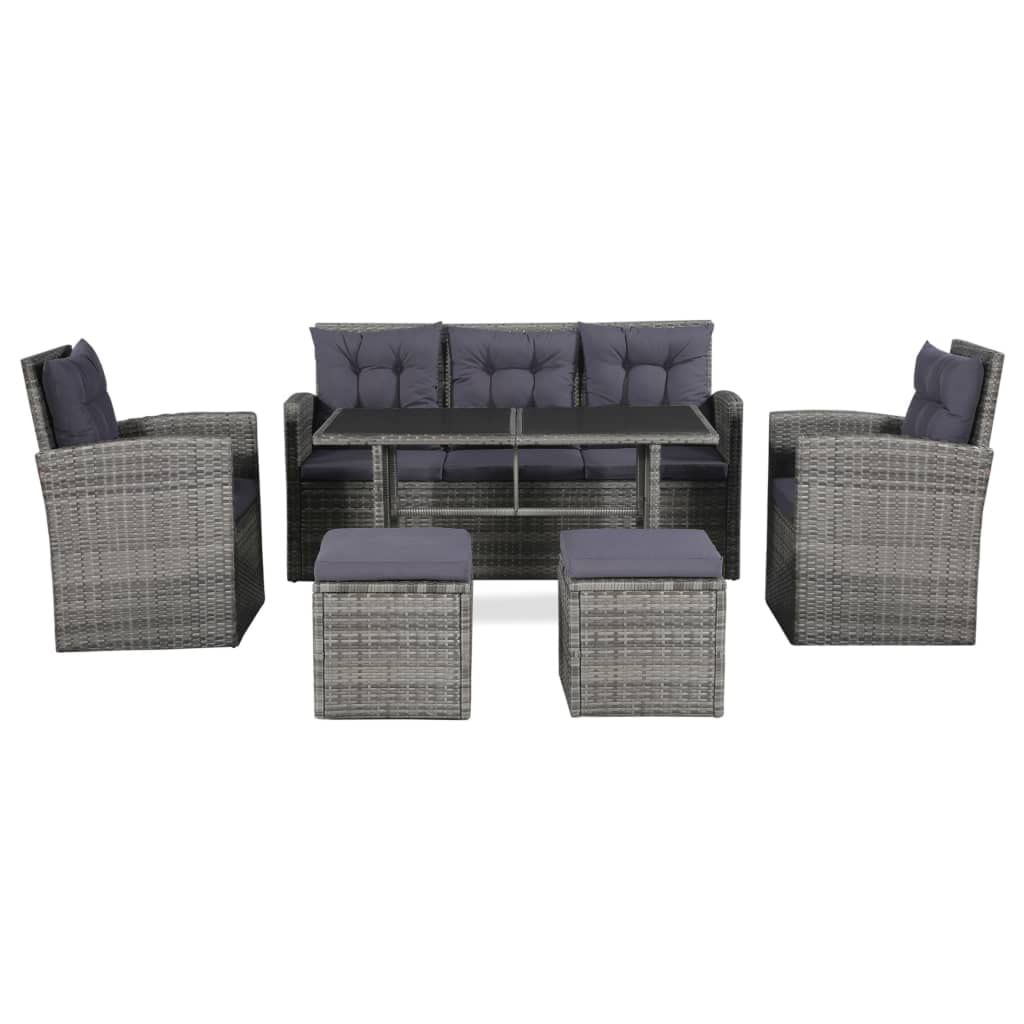 vidaXL Patio Sofa Set 6 Piece, Dining Table Set with Glass Tabletop, Rattan Chairs with Cushions, Outdoor Furniture Set, Poly Rattan Gray