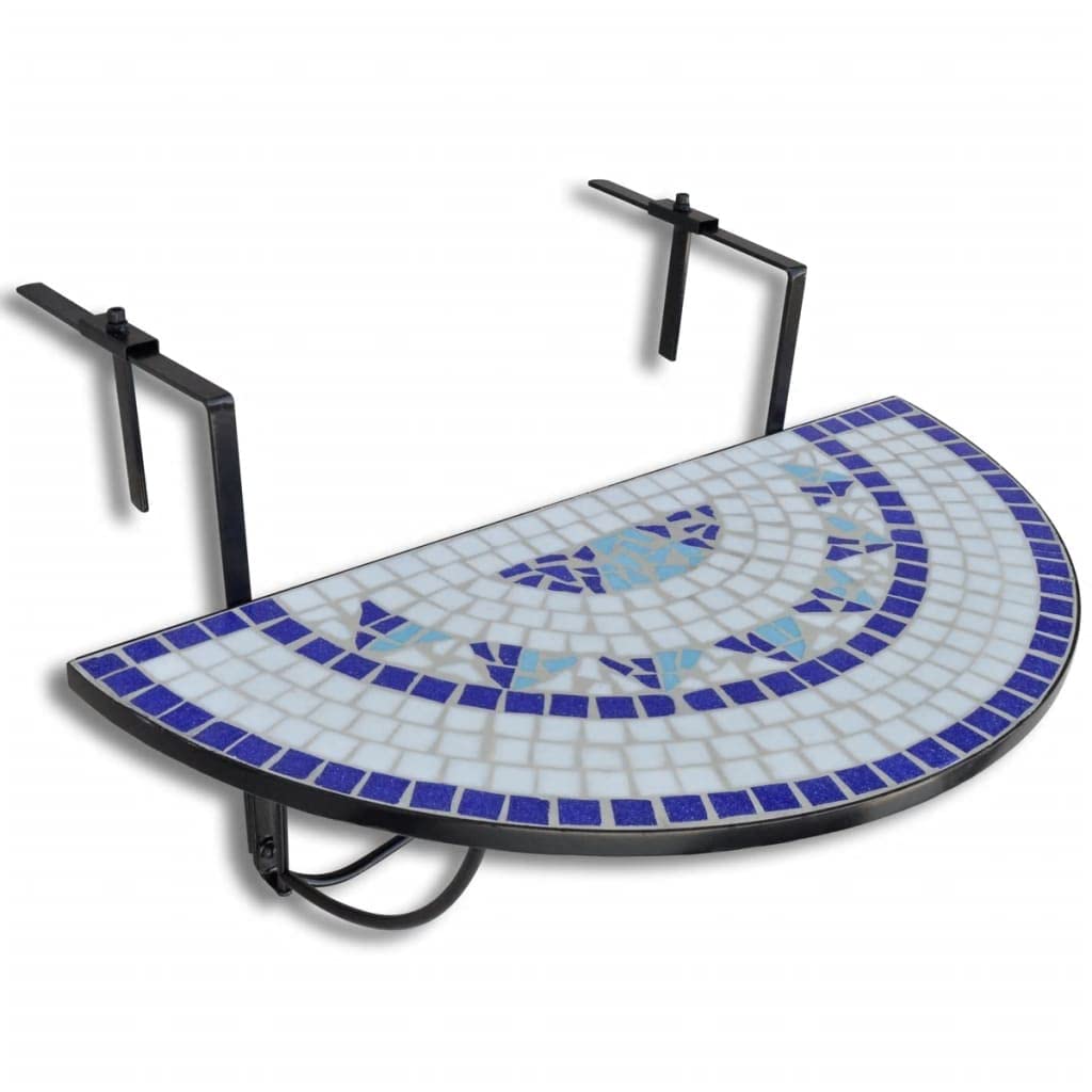 vidaXL - Blue and White Mosaic Hanging Balcony Table | Iron Tube and Ceramic Tile Material, Semi-Circular Design, Outdoor Patio Coffee Table - Foldable Space-Saving Design