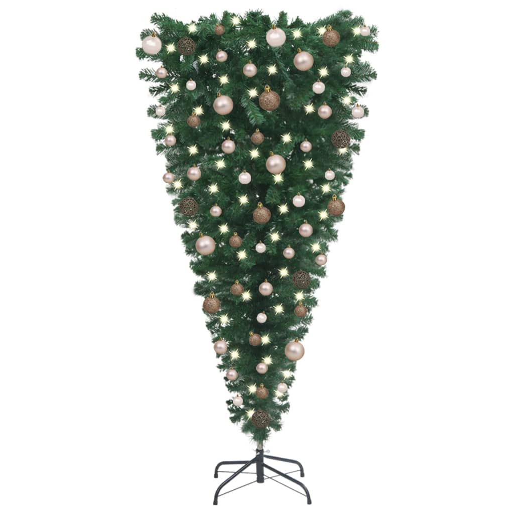 vidaXL Upside-Down Artificial Christmas Tree with LEDs & Rose Gold Ball Set - Energy-Efficient Xmas Décor with Adjustable Branches - Reusable PVC & Steel for Stable Display - 70.9'' Tall, 35.4'' Wide