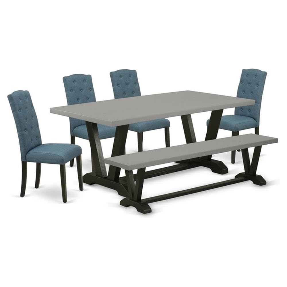 East West Furniture V697CE121-6 6 Piece Dining Set Contains a Cement Dining Room Table and a Kitchen Bench, 4 Blue Linen Fabric Upholstered Chairs with Button Tufted Back - Wire Brushed Black Finish