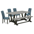 East West Furniture V697CE121-6 6 Piece Dining Set Contains a Cement Dining Room Table and a Kitchen Bench, 4 Blue Linen Fabric Upholstered Chairs with Button Tufted Back - Wire Brushed Black Finish