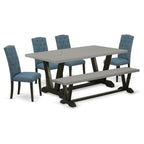 East West Furniture V697CE121-6 6 Piece Dining Set Contains a Cement Dining Room Table and a Kitchen Bench, 4 Blue Linen Fabric Upholstered Chairs with Button Tufted Back - Wire Brushed Black Finish