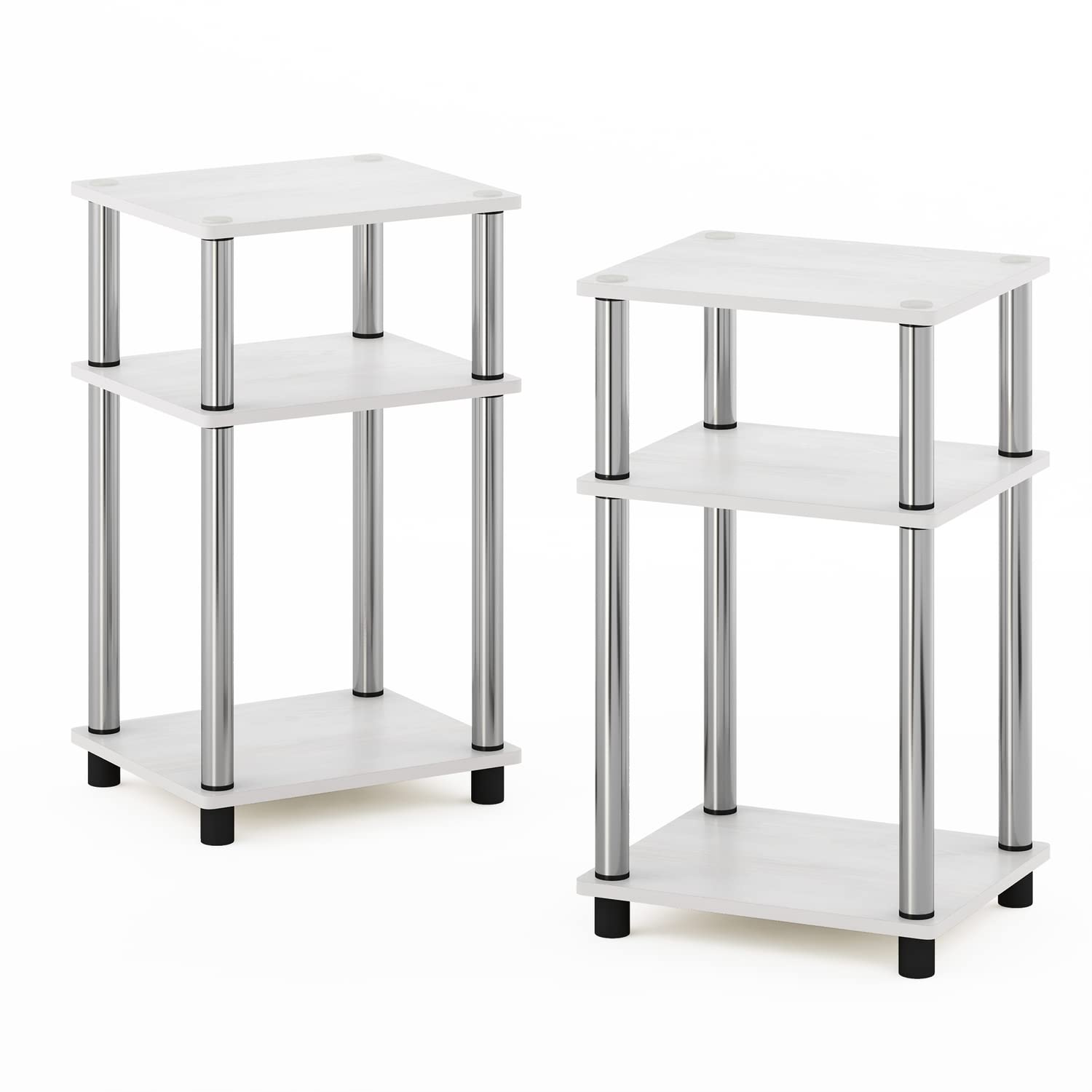 Furinno Simplistic End Side Night Stand/Bedside Table with Stainless Steel Tubes, 2-Pack, 2-Tier Poles, White Oak/Chrome